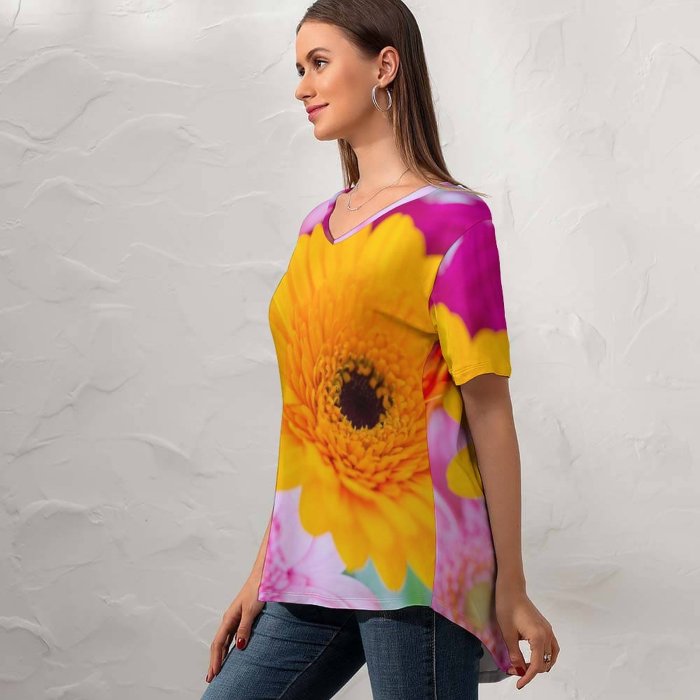 yanfind V Neck T-shirt for Women Skitterphoto Flowers Gerbera Daisy Flower Closeup Macro Blurred Selective Focus Vibrant Colorful Summer Top  Short Sleeve Casual Loose