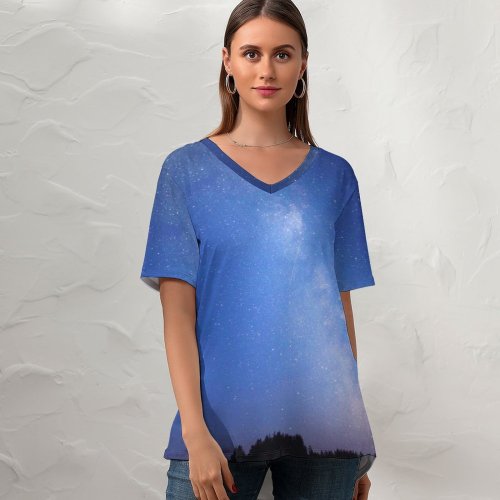 yanfind V Neck T-shirt for Women Space Night Starry Milkyway Way Outer Astronomy Sky Wallpapers Outdoors Tree Summer Top  Short Sleeve Casual Loose