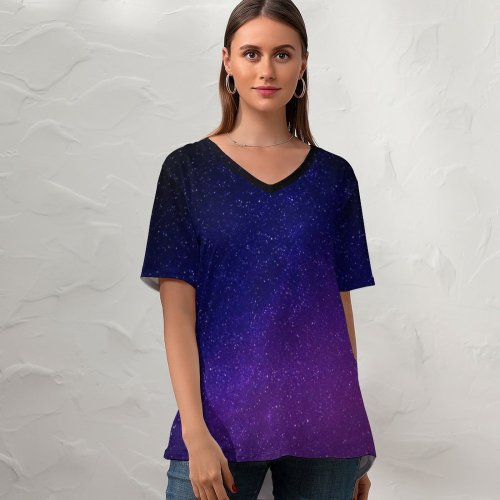 yanfind V Neck T-shirt for Women Starry Sky Purple Sky Astronomical Stars Summer Top  Short Sleeve Casual Loose