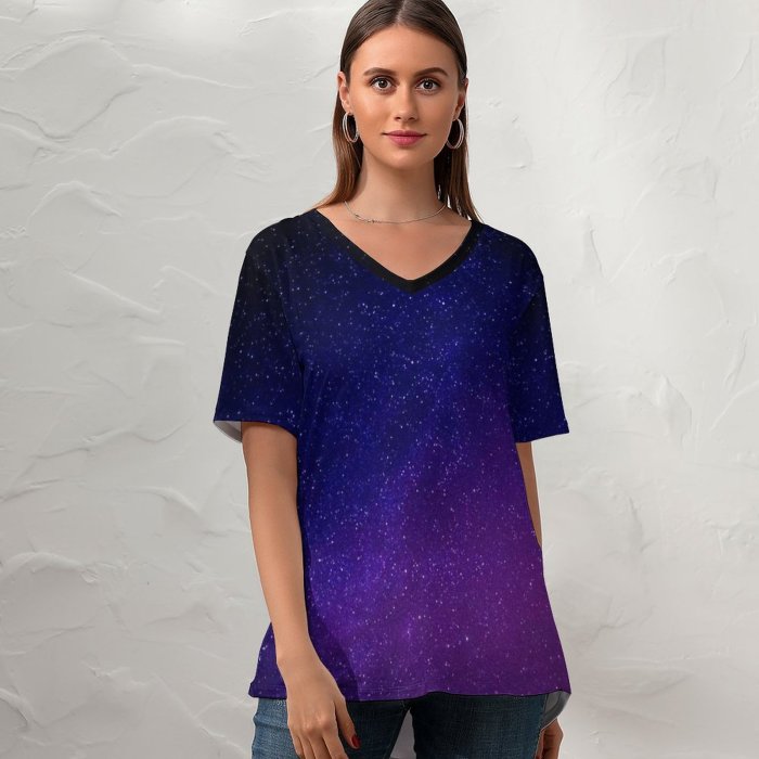 yanfind V Neck T-shirt for Women Starry Sky Purple Sky Astronomical Stars Summer Top  Short Sleeve Casual Loose