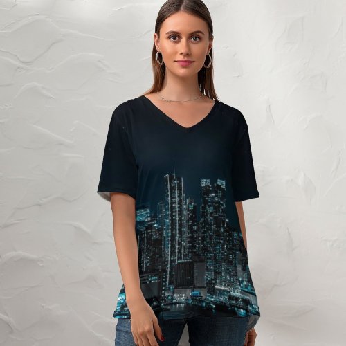 yanfind V Neck T-shirt for Women Sanaan Mazhar Black Dark York City Cityscape Night City Lights Half Moon Summer Top  Short Sleeve Casual Loose