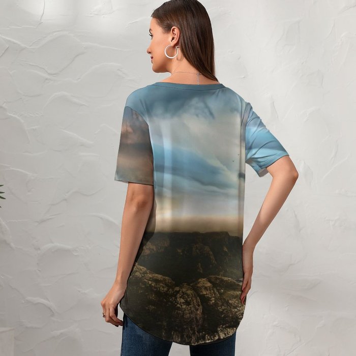 yanfind V Neck T-shirt for Women Robin Kamp Pulpit Rock Preikestolen Cliff Norway Cloudy Sky Mountains Landscape Stormy Summer Top  Short Sleeve Casual Loose