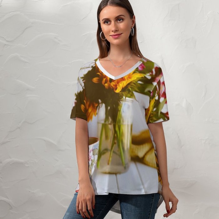 yanfind V Neck T-shirt for Women Tea Arrangement Bouquet Life Pottery Flowers Coffee Plant Summer Time Pictures Summer Top  Short Sleeve Casual Loose