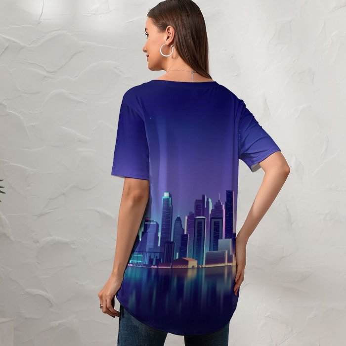 yanfind V Neck T-shirt for Women Romain Trystram Cityscape Neon Reflections Summer Top  Short Sleeve Casual Loose