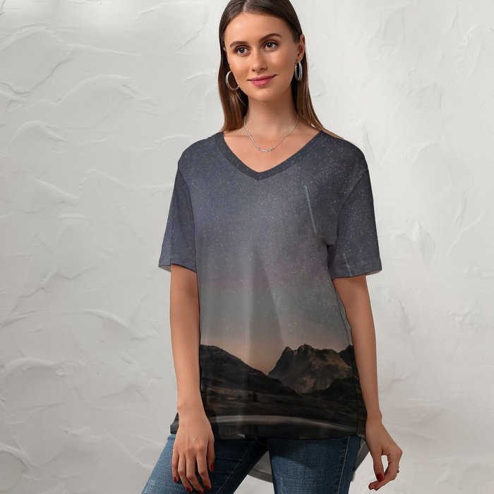yanfind V Neck T-shirt for Women Tarn Space Blea Night Ambleside Landscape Public Way Outer Astronomy Sky Summer Top  Short Sleeve Casual Loose