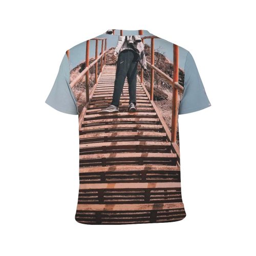 yanfind Adult Full Print T-shirts (men And Women) Guy Hiking Hill Metal Stairs Outdoors Perspective Steep Travel