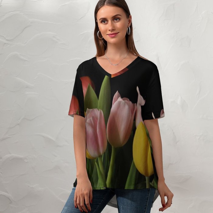 yanfind V Neck T-shirt for Women Arrangement Rose Bouquet Spring Public Wallpapers Coral Plant Tulip Pictures Tulips Summer Top  Short Sleeve Casual Loose