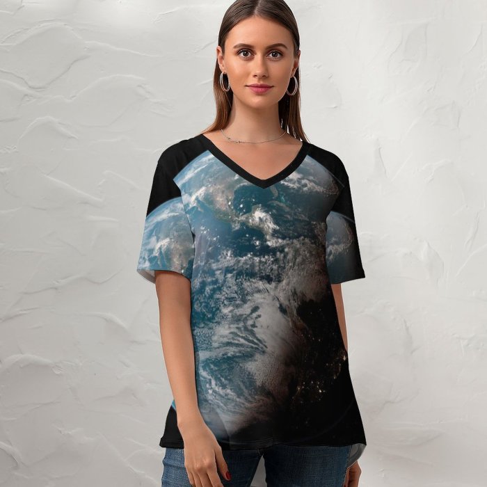 yanfind V Neck T-shirt for Women Yuri Samoilov Space Earth Planet Astronomy Night Daylight Summer Top  Short Sleeve Casual Loose