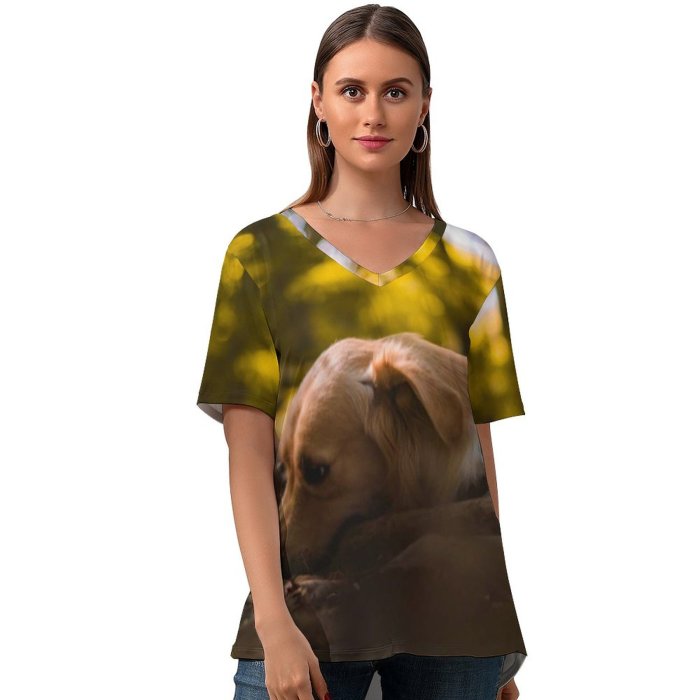 yanfind V Neck T-shirt for Women Lovely Golden Pet Wallpapers Plant Free Forest Pictures Strap Dog Leaf Summer Top  Short Sleeve Casual Loose