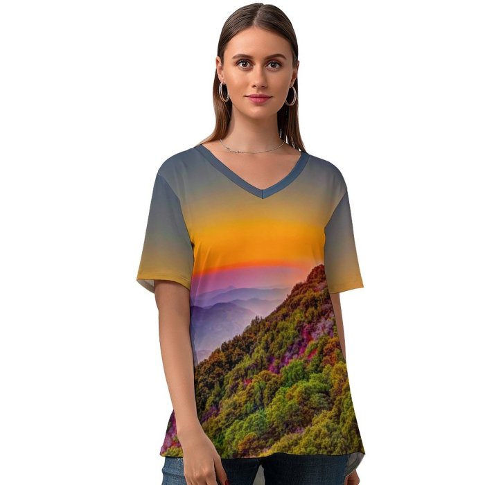 yanfind V Neck T-shirt for Women Sasha Freemind Sequoia National Park California United States Trees Colorful Sky Purple Summer Top  Short Sleeve Casual Loose