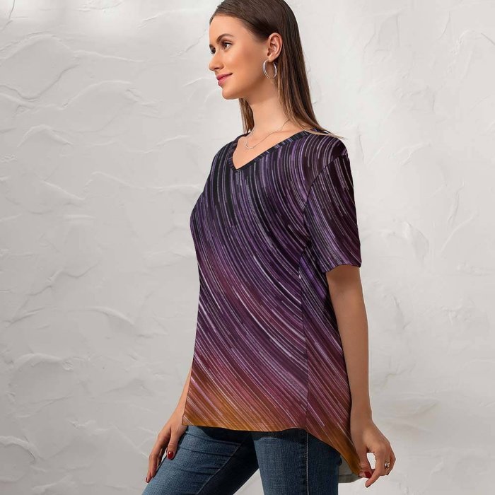 yanfind V Neck T-shirt for Women Space Star Trails Timelapse Astronomy Outer Space Night Sky Exposure Science Purple Summer Top  Short Sleeve Casual Loose