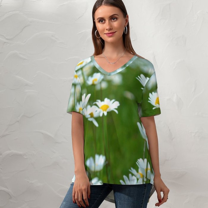 yanfind V Neck T-shirt for Women Floral Spring Flora Flowers Landscape Wallpapers Plant Bloom Stock Free Pictures Summer Top  Short Sleeve Casual Loose