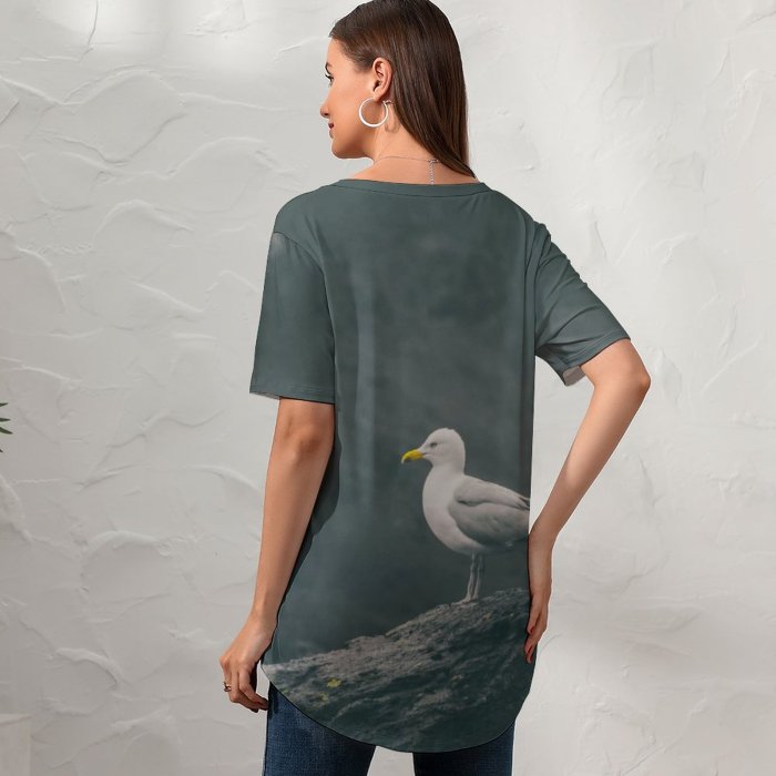yanfind V Neck T-shirt for Women Shoreline Feathers Shore Seagull Wild Bill Wallpapers Sea Wildlife Stock Free Summer Top  Short Sleeve Casual Loose