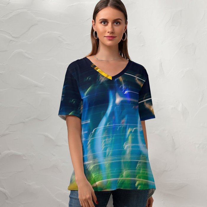yanfind V Neck T-shirt for Women Moody Colorful Work Lighting Glass Creative Rainbow Chihuly Commons Seattle Night Vibrant Summer Top  Short Sleeve Casual Loose