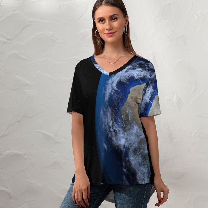 yanfind V Neck T-shirt for Women PIROD Space Black Dark Earth Planet Warming Summer Top  Short Sleeve Casual Loose