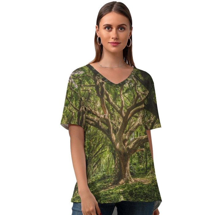 yanfind V Neck T-shirt for Women Land Flora HQ Landscape Public Wallpapers Fantasy Plant Outdoors Tree Forest Summer Top  Short Sleeve Casual Loose