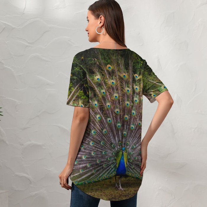 yanfind V Neck T-shirt for Women Paul Carmona Peacock Grass Beautiful Feathers Bird Trees Colorful Summer Top  Short Sleeve Casual Loose