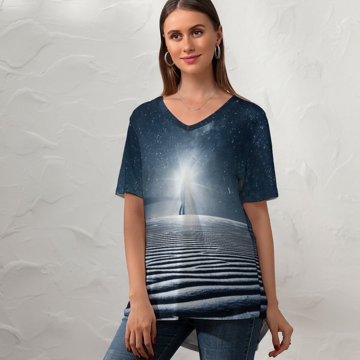 yanfind V Neck T-shirt for Women Night Starry Sky Light Desert Sand Dunes Summer Top  Short Sleeve Casual Loose