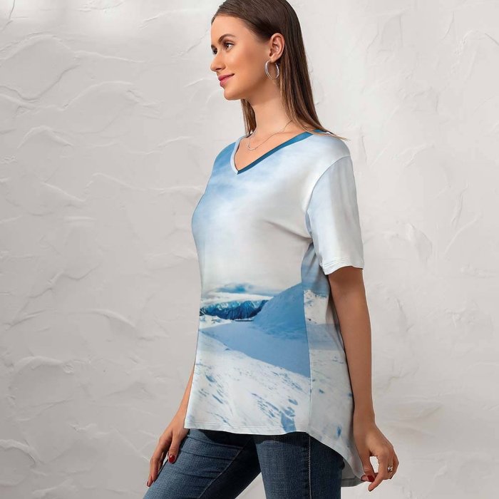 yanfind V Neck T-shirt for Women HQ Frost Alps Landscape Snow Sky Wallpapers Mountain Outdoors Cool Free Summer Top  Short Sleeve Casual Loose