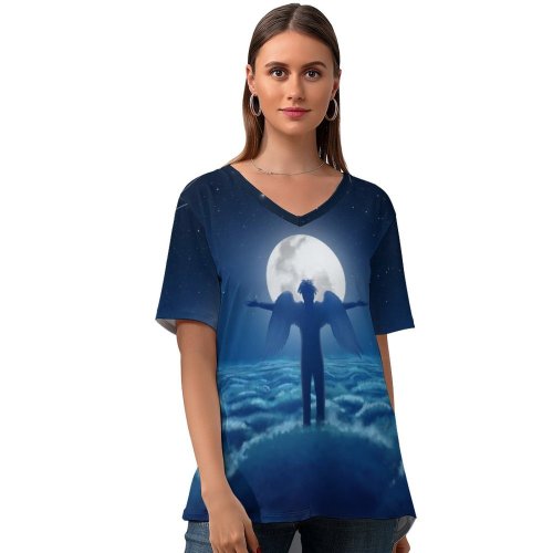 yanfind V Neck T-shirt for Women RicoDZ Fantasy Moon Above Clouds Dream Wings Night Moonlight Summer Top  Short Sleeve Casual Loose