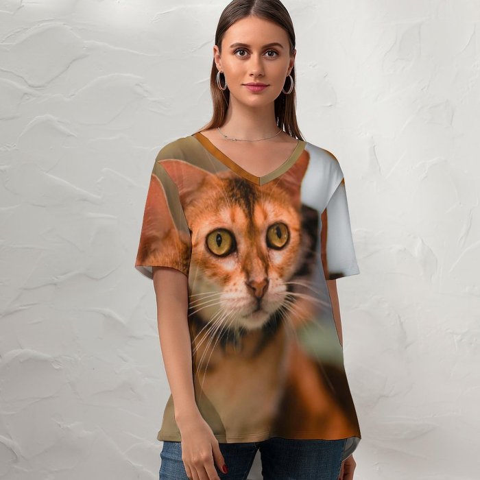 yanfind V Neck T-shirt for Women Lovely Pet Manx Public Wuhan Wallpapers Abyssinian Pictures Cat China Kitten Summer Top  Short Sleeve Casual Loose