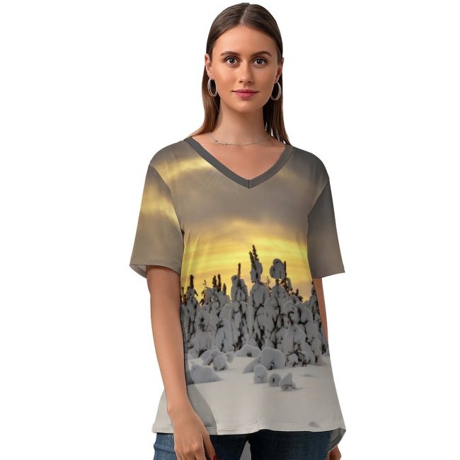 yanfind V Neck T-shirt for Women Snowy Trees Landscape Winter Sunset Snow Covered Sun Rays Cloudy Sky Summer Top  Short Sleeve Casual Loose