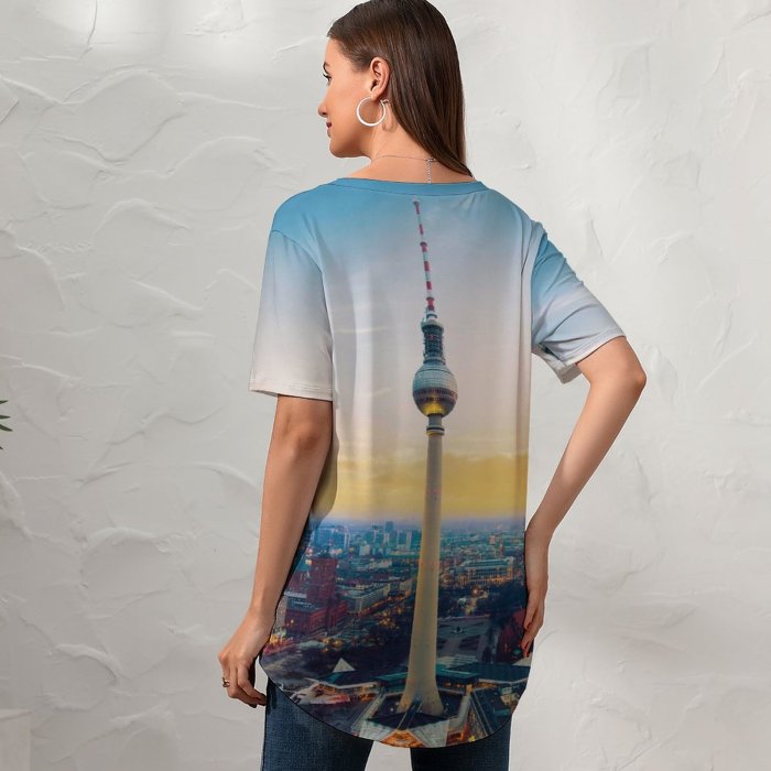 yanfind V Neck T-shirt for Women Nicolas Kamp Berlin TV Tower Berliner Fernsehturm Landmark Sunset Cityscape City Lights Summer Top  Short Sleeve Casual Loose