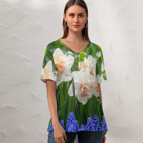 yanfind V Neck T-shirt for Women Aptekarskiy Flowers Plant Pictures Daffodil Blossom Flower Garden Ogorod Spring Public Summer Top  Short Sleeve Casual Loose