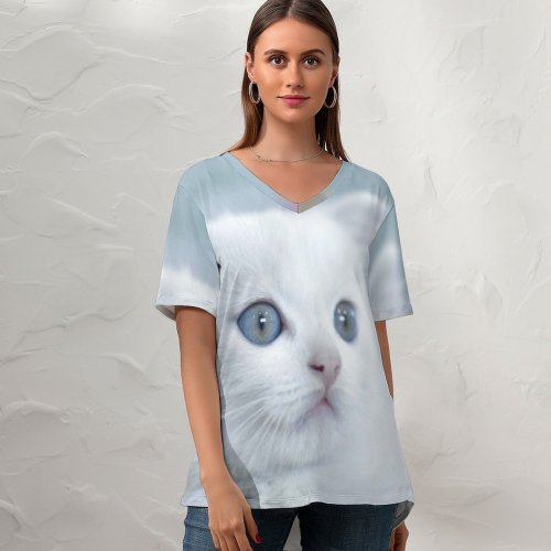 yanfind V Neck T-shirt for Women Lovely Wallpapers Pictures Pet Kitten Angora Stock Free Cute Cat Summer Top  Short Sleeve Casual Loose