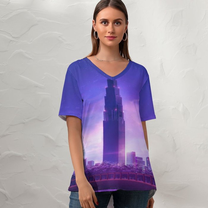 yanfind V Neck T-shirt for Women RicoDZ Cityscape Skyscraper Evening Traffic Purple Summer Top  Short Sleeve Casual Loose