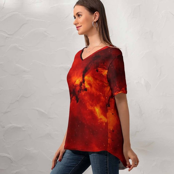 yanfind V Neck T-shirt for Women Space Solar Flares Fire Outer Space Blazing Galaxy Summer Top  Short Sleeve Casual Loose