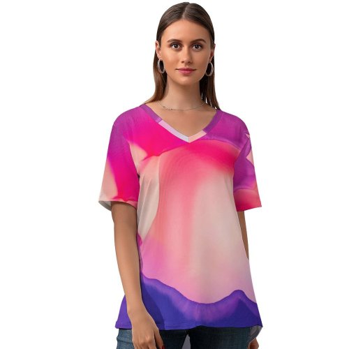 yanfind V Neck T-shirt for Women Robert Kohlhuber Abstract Liquid Art Colorful Fluid Waves Summer Top  Short Sleeve Casual Loose