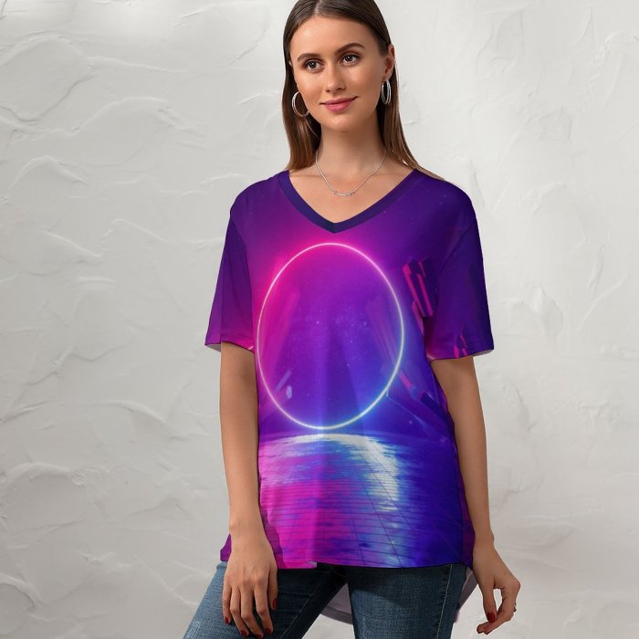 yanfind V Neck T-shirt for Women SciFi Neon Light Ring Huawei Mediapad Summer Top  Short Sleeve Casual Loose
