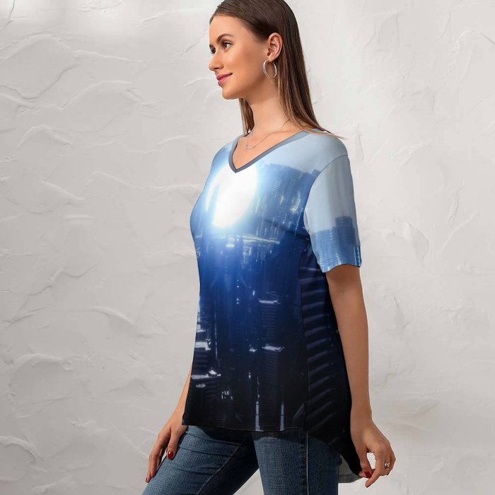 yanfind V Neck T-shirt for Women SciFi Futuristic City Energy Moon Dark Power Summer Top  Short Sleeve Casual Loose