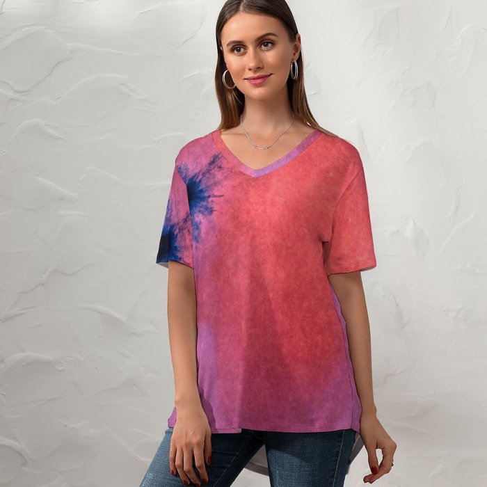 yanfind V Neck T-shirt for Women Splash Graphics Colorful Texture Linen Wallpapers Decor Plant Free Modern Art Pictures Summer Top  Short Sleeve Casual Loose