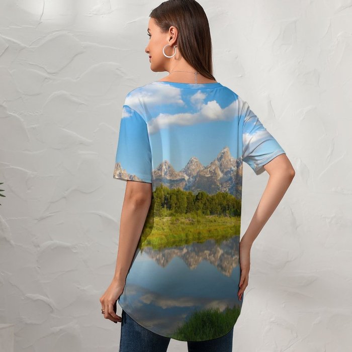 yanfind V Neck T-shirt for Women Robert Bynum Teton Range Rocky Mountains Wyoming USA Mirror Lake Reflection Beaver Summer Top  Short Sleeve Casual Loose