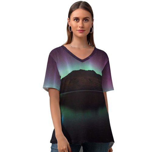 yanfind V Neck T-shirt for Women Cecil Peak Zealand Aurora Borealis Northern Lights Starry Sky Night Time Lake Summer Top  Short Sleeve Casual Loose