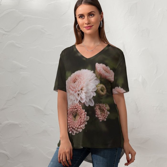 yanfind V Neck T-shirt for Women Fall Autumn Flowers Public Wallpapers Dahlia Plant Pollen Warm Cozy Pictures Summer Top  Short Sleeve Casual Loose