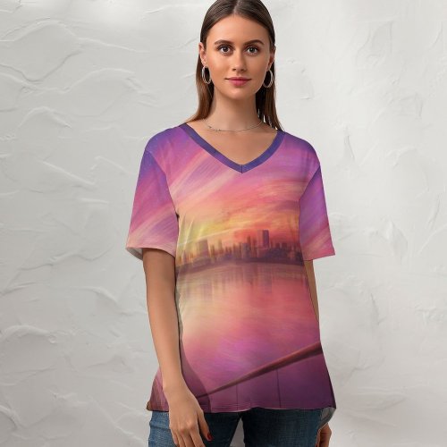 yanfind V Neck T-shirt for Women RicoDZ Fantasy Girl Dream Sunrise Artwork Cityscape Bridge Girly Summer Top  Short Sleeve Casual Loose