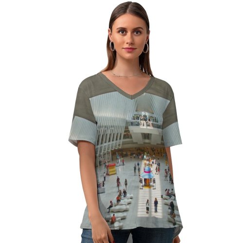 yanfind V Neck T-shirt for Women Terminal Building Center Public Lobby Wallpapers Architecture Greenwich États-Unis Airport York Summer Top  Short Sleeve Casual Loose