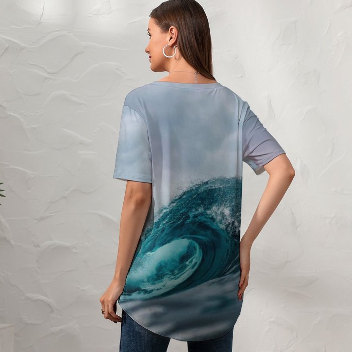 yanfind V Neck T-shirt for Women Ocean Waves High Tides Summer Top  Short Sleeve Casual Loose