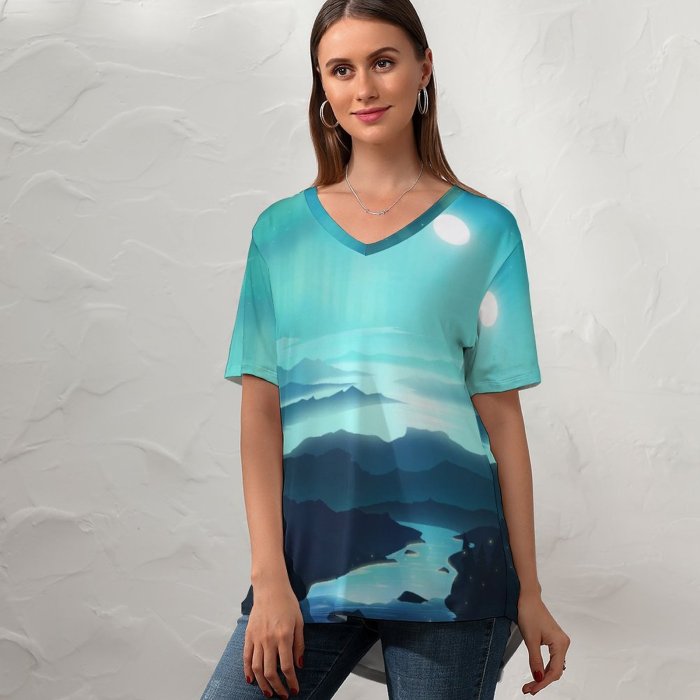 yanfind V Neck T-shirt for Women RmRadev Moon River Mountains Gradient Night Summer Top  Short Sleeve Casual Loose