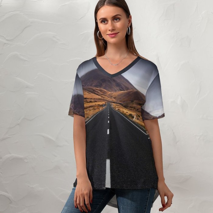 yanfind V Neck T-shirt for Women Sven Muller Lindis Pass Zealand Landscape Empty Road Misty Mountain Plateau Scenic Summer Top  Short Sleeve Casual Loose