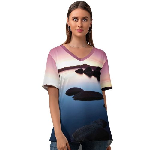 yanfind V Neck T-shirt for Women Romain Guy Landscape Rocks Lake Sunset Dusk Sky Reflection Clear Sky Summer Top  Short Sleeve Casual Loose