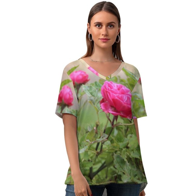 yanfind V Neck T-shirt for Women Plants Petals Wallpapers Roses Rose Summer Tiny Flower Pictures Free Flowers Summer Top  Short Sleeve Casual Loose