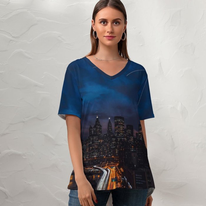 yanfind V Neck T-shirt for Women Zac Ong Black Dark York City United States Cityscape Night Time City Summer Top  Short Sleeve Casual Loose