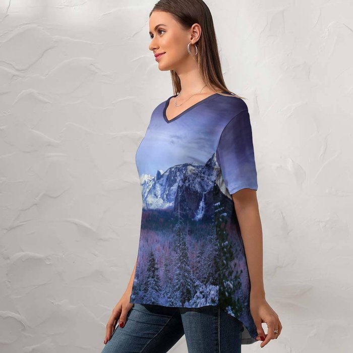yanfind V Neck T-shirt for Women Yosemite HQ Tunnel Alps Landscape Snow Wallpapers Basin Mountain Outdoors Tree Summer Top  Short Sleeve Casual Loose