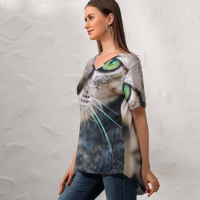 yanfind V Neck T-shirt for Women Lovely Penh Shoot Abyssinian Pictures Pet Kitten PNG Phnom Cambodia Cat Summer Top  Short Sleeve Casual Loose