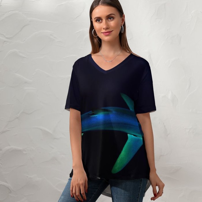 yanfind V Neck T-shirt for Women Shark Underwater Atlantic Ocean Deep Sea Dark Summer Top  Short Sleeve Casual Loose