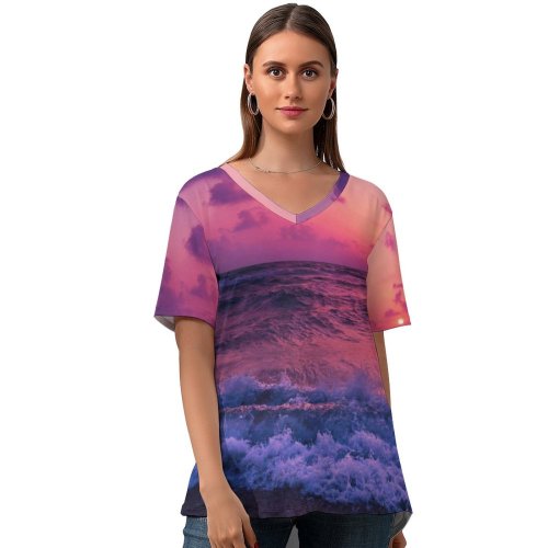 yanfind V Neck T-shirt for Women Vibes Outdoors Sunrise Sunset Magic Positive Good Supernatural Sea PNG Ocean Beach Summer Top  Short Sleeve Casual Loose